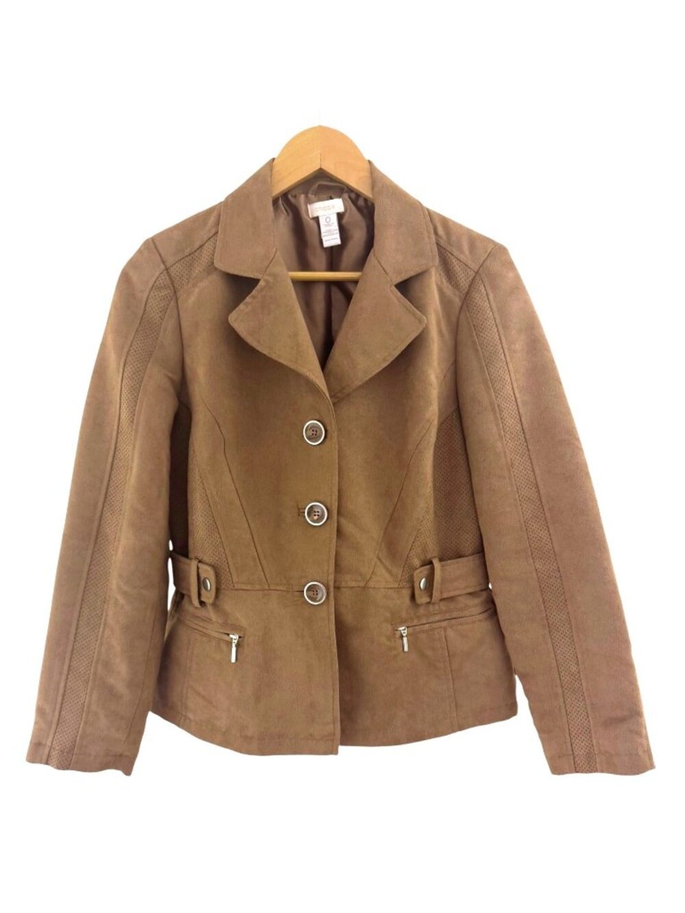 Chico's Size 0 = Small Camel Tan Faux Suede Jacket Blazer Pockets Coat Western